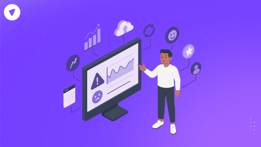 Illustration showing a person analyzing performance metrics with Application Performance Monitoring Tools, including alerts, graphs, and user experience indicators.