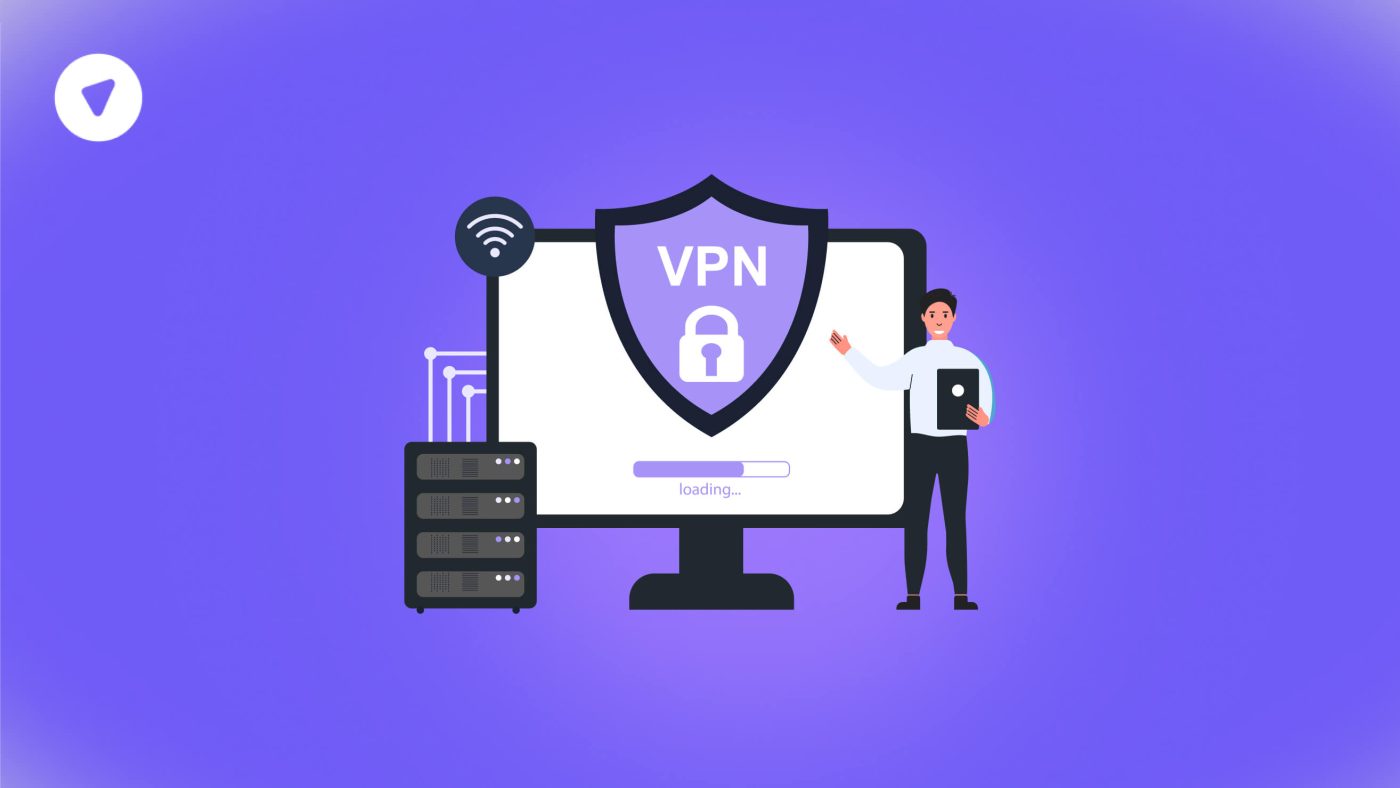 Illustration showing a man standing beside a large screen displaying a VPN shield, promoting the concept of starting a white label business in the VPN industry.