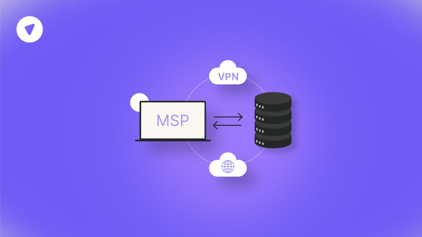 Illustration of a client to site VPN setup showing a managed service provider (MSP) laptop securely connecting to a server via VPN, enabling encrypted data exchange over the internet.