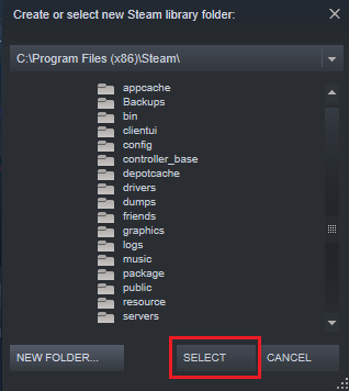 click select to choose folder steam