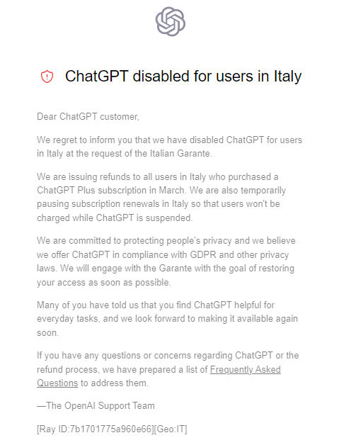 ChatGPT Disabled for User in Italy